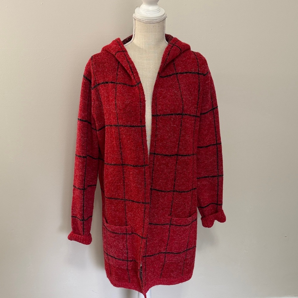 NorthStyle‎ Red Hooded Open Front Windowpane Cardigan